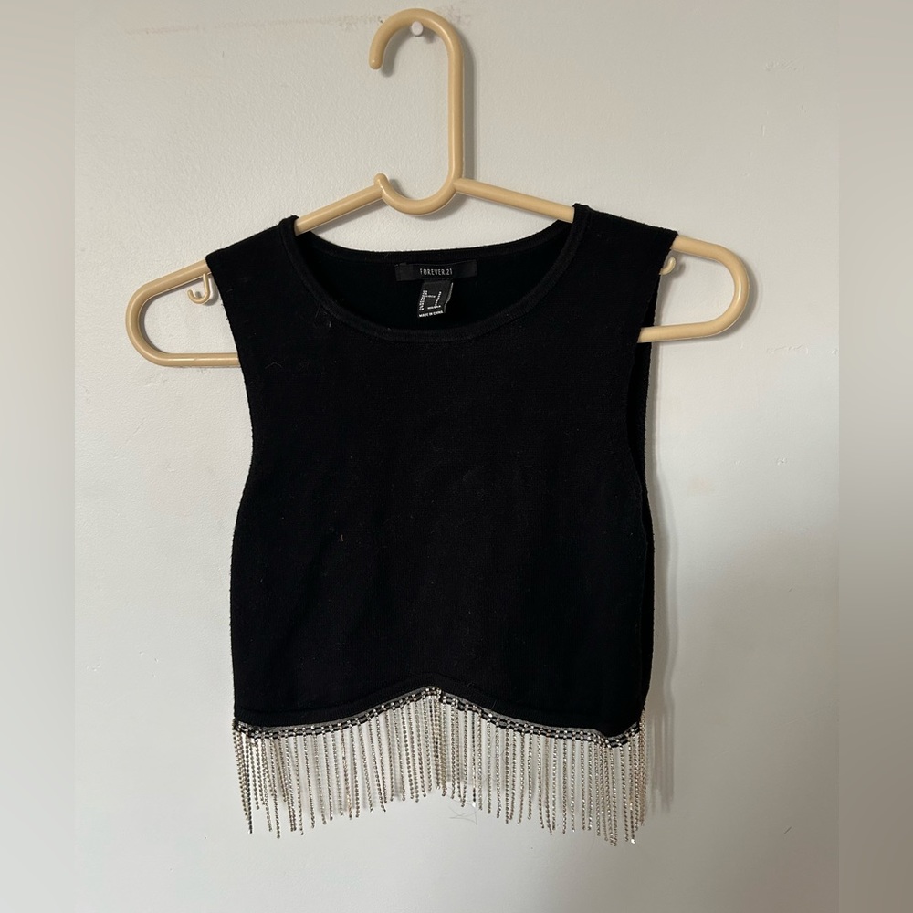 Black sparkle fringe top